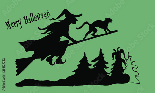 Vector-isolated black silhouette on colored and white background. Witch flies on a broom with a cat over the forest  on the background of the full moon. Merry Halloween happy 