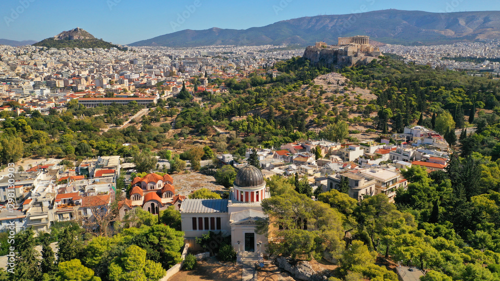 Aerial drone photo of Athens National Observatory and Acropolis - Lycabettus hill at the background, Attica, Greece