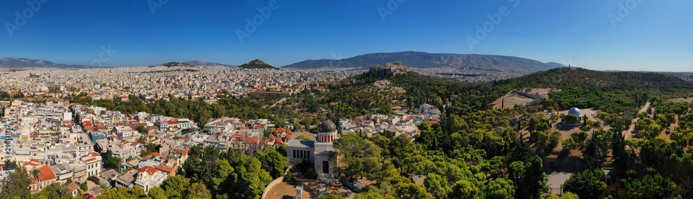 Aerial drone photo of Athens National Observatory and Acropolis - Lycabettus hill at the background, Attica, Greece