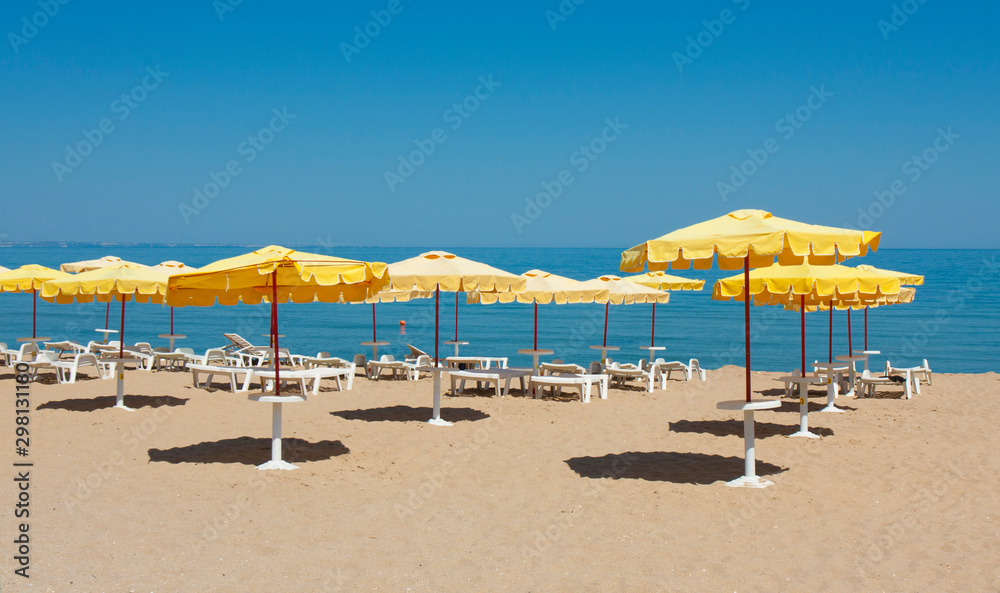 Umbrellas on sea beach, Golden Sands, Varna province, Bulgaria.