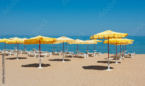 Umbrellas on sea beach  Golden Sands  Varna province  Bulgaria.