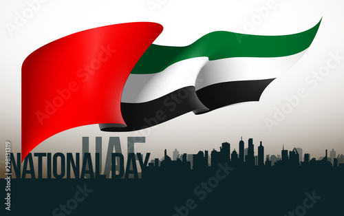 Anniversary banner UAE National flag. illustration 48 UAE National day, Spirit of the union, United Arab Emirates. Design Celebration Abu Dhabi 48 Independence day greeting card with city silhouette.