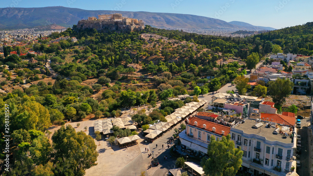 Aerial drone photo of popular picturesque area of Thiseio with great views to Acropolis hill and the Parthenon and great pedestrian road of Dionisiou Areopagitou, Athens, Attica, Greece