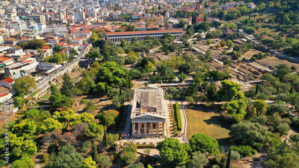 Aerial drone photo of iconic Temple of Hephaestus in Ancient Forum of Athens historic centre, Attica, Greece