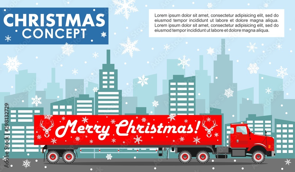 Christmas and New Year business concept. Detailed illustration of red delivery truck on background with winter cityscape in flat style. Vector illustration.