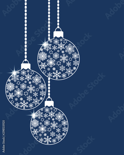 Hanging christmas ball baubles decorated with various white snowflakes and stars on blue background. Flat retro style. Vector EPS10 illustration for greeting card design