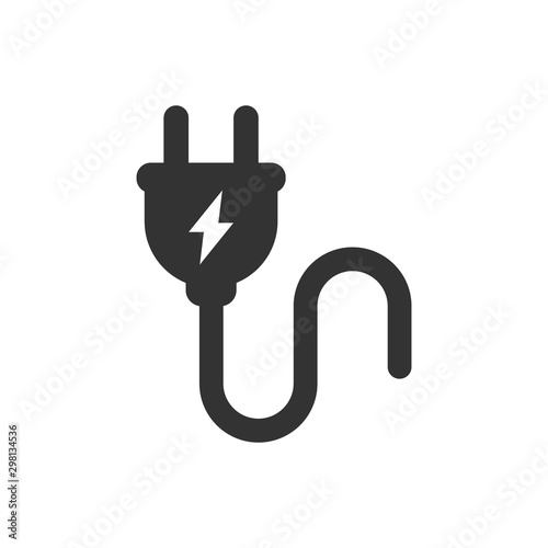 Electrical plug with lighting symbol and cable black vector icon. Plug with wire simple glyph pictogram symbol. photo