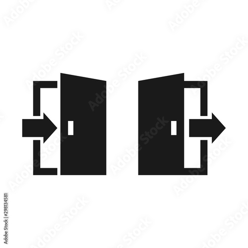 Door, exit or entrance, black isolated vector icon. Open door with arrow simple glyph pictogram symbol.