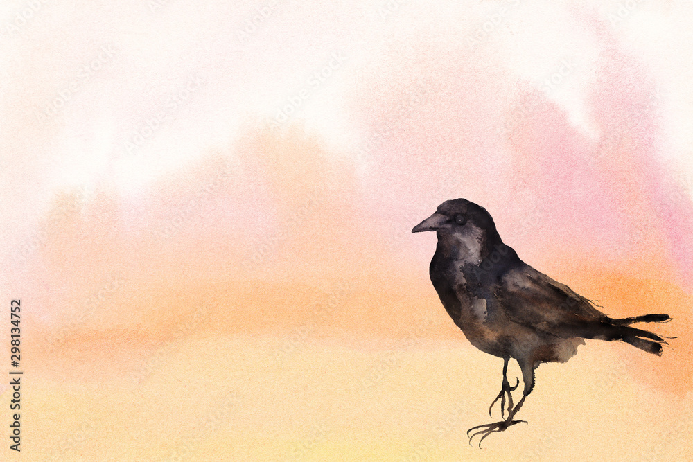 Fototapeta premium watercolor background in pinks with crow