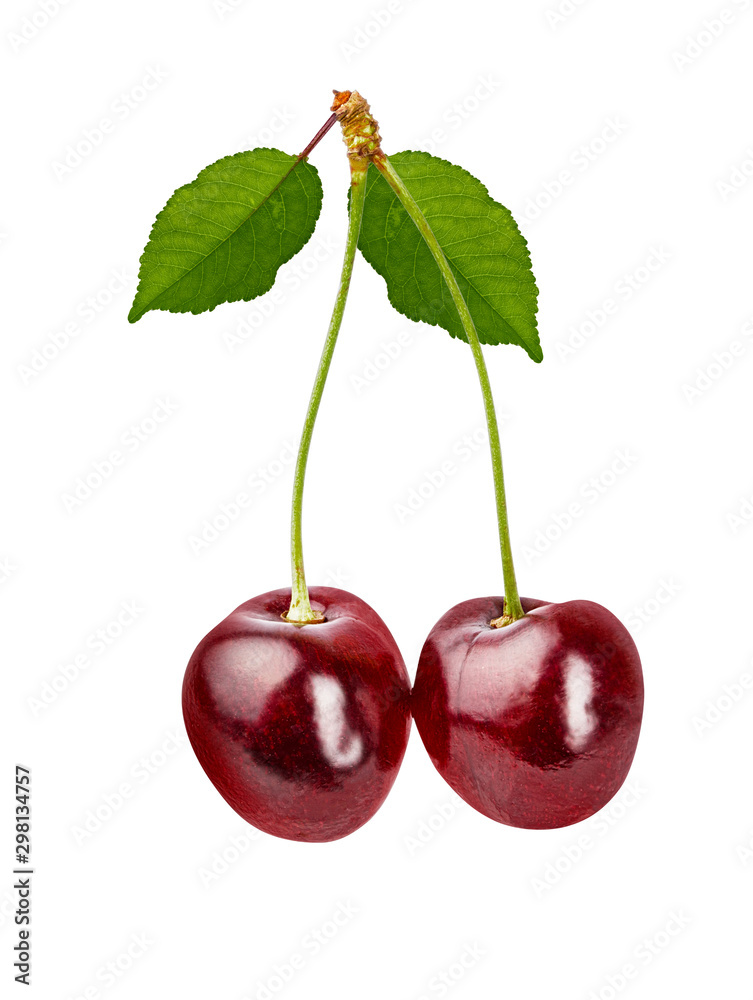 Cherry with leaf green isolated on white background with clipping path Cherry with leaf green isolated on white background with clipping path