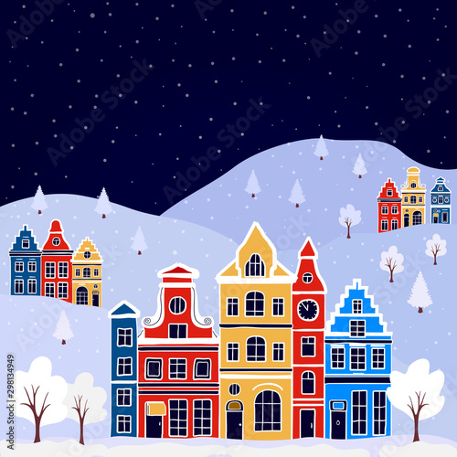 Winter urban landscape. City with snow. Christmas and new year. Old european town. Cityscape. Сolorful old houses. Cartoon buildings. Vector illustration.  © alena.art.design