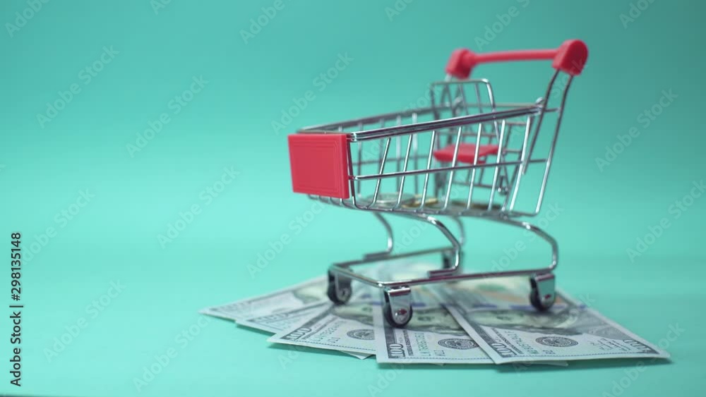 mini basket, stands on dollars against a blue background, coins from the top fall into it. concept of earnings with purchases. buy and earn. mini basket, stands on dollars against a blue background, coins from the top fall into it. concept of earnings with purchases. buy and earn.