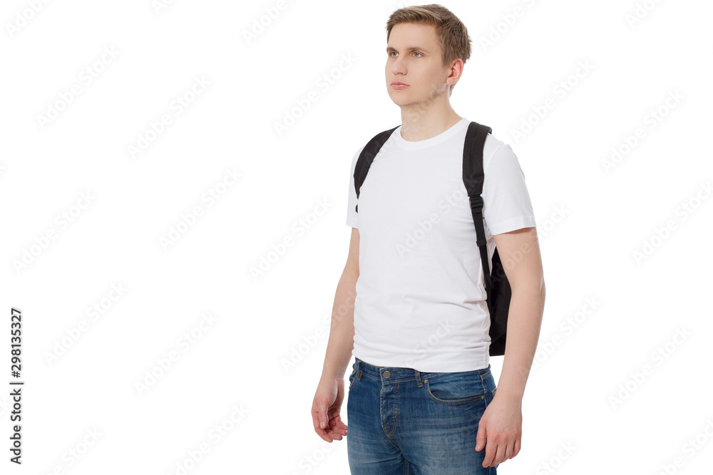Happy successful young guy in blank white summer t shirt isolated. Template mockup t-shirt background. T-shirt blank. Education study concept. Man with backpack. Copy space, summer clothes Happy successful young guy in blank white summer t shirt isolated. Template mockup t-shirt background. T-shirt blank. Education study concept. Man with backpack. Copy space, summer clothes
