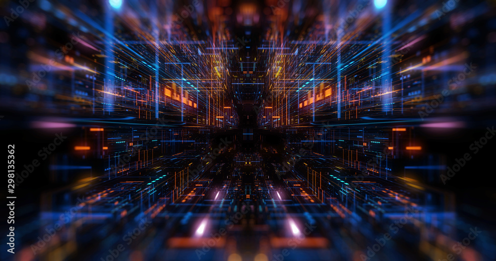 Obraz premium Quantum computer environment with digital technology, processing unit of an advanced Artificial intelligence. Flight through flow of digital information tunnel / cloud computing. 3D render