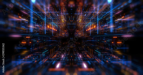 Quantum computer environment with digital technology, processing unit of an advanced Artificial intelligence. Flight through flow of digital information tunnel / cloud computing. 3D render photo