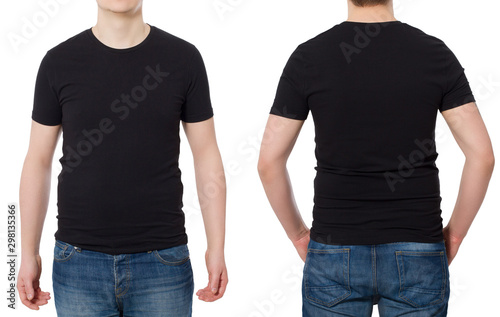 Close up Man in T-shirt black template. Guy Shirts set. tshirt mockup Front and back view. Mock up isolated on white background. Blank summer shirt. Copy space. Cropped image