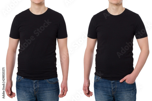 Close up Man in T-shirt black template. Guy Shirts set. tshirt mockup Front view. Mock up isolated on white background. Blank summer shirt. Copy space. Cropped image