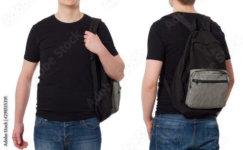 Set of Closeup smiling happy Student in blank template black t shirt with backpack front and back view. Travel man and education concept. Copy space. Mock up. Cropped image