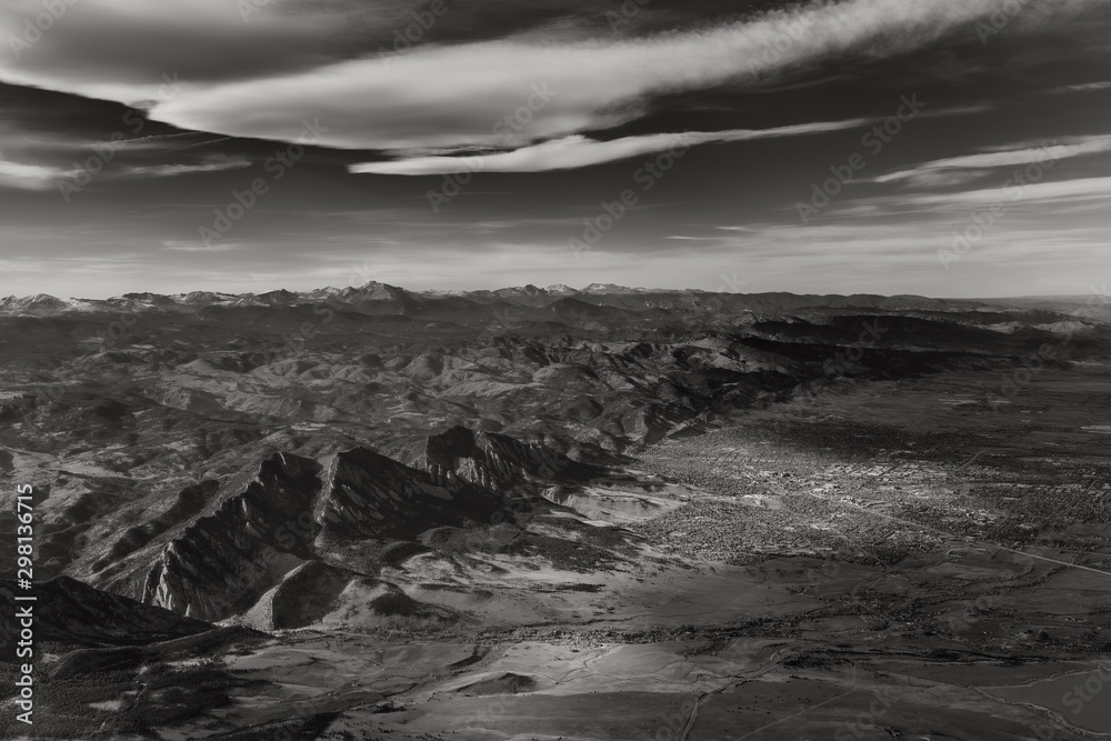 Flying over the Rocky Mountains in the US. B&W