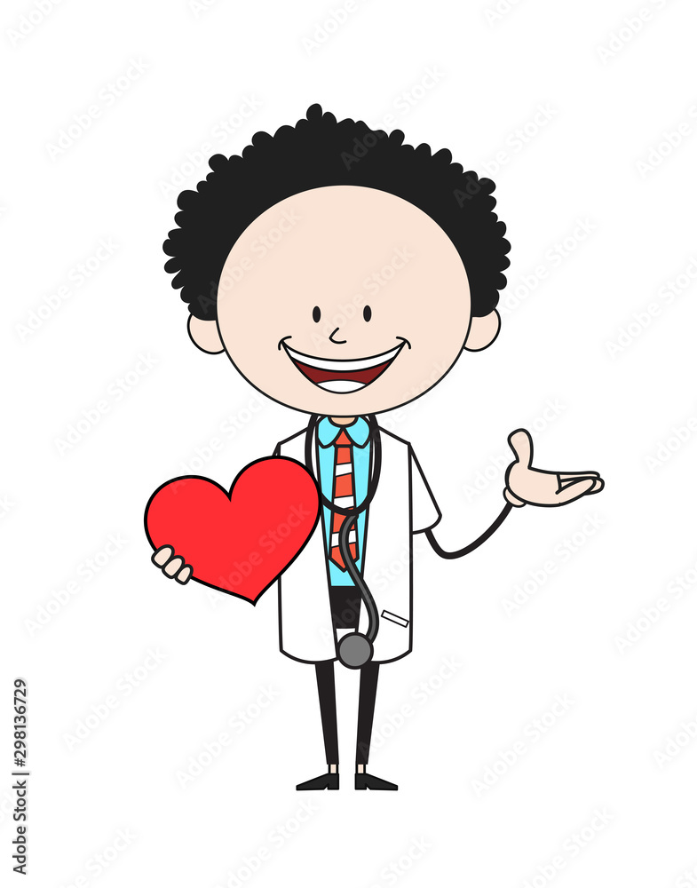 Cartoon Doctor - Holding a Heart and Showing with Hand Cartoon Doctor - Holding a Heart and Showing with Hand