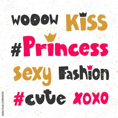Wow  kiss  princess  sexy  fashion  cute  xoxo. Sticker for social media content. Vector hand drawn illustration design. 