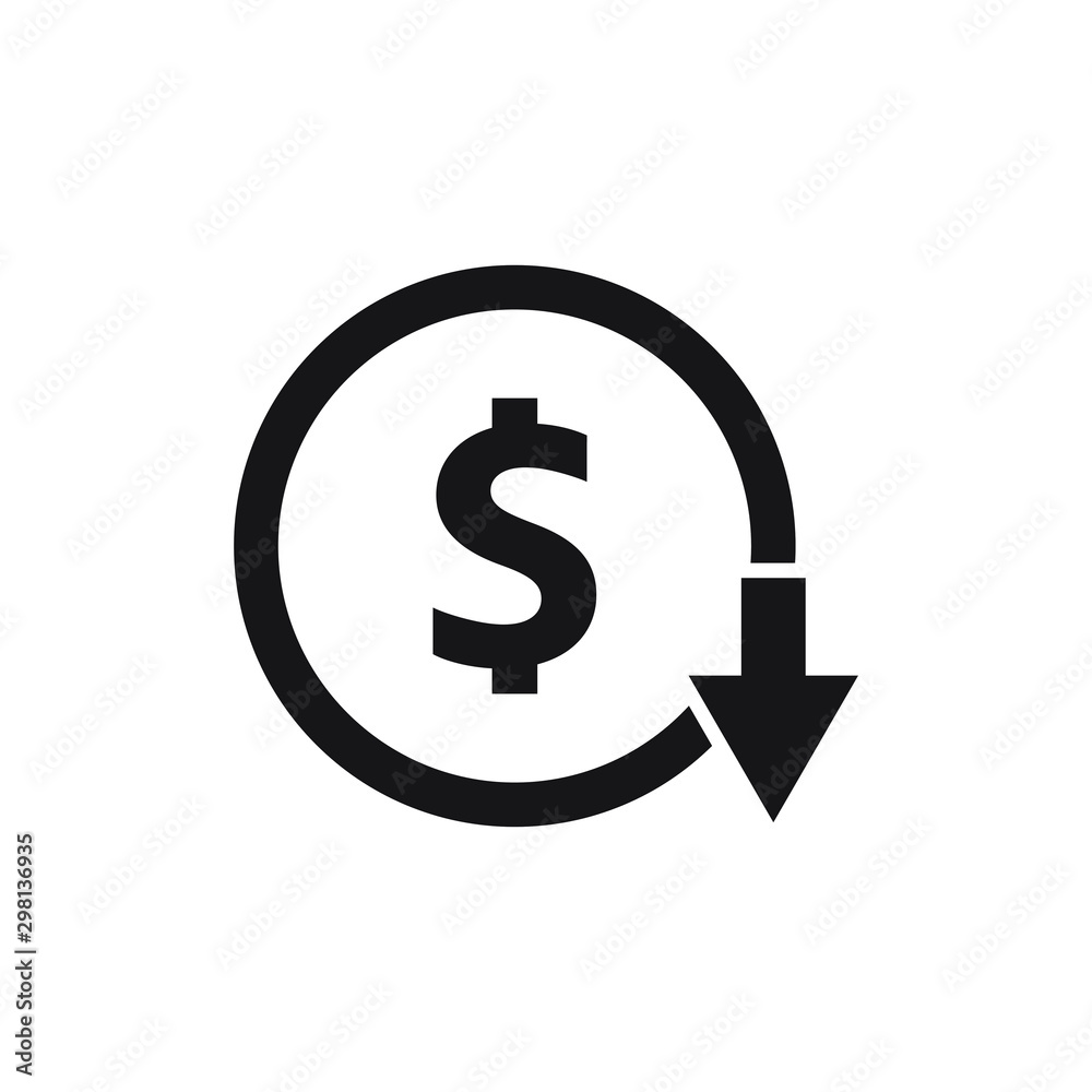 Dollar down icon. Cost reduction isolated on white background. Vector illustration Dollar down icon. Cost reduction isolated on white background. Vector illustration