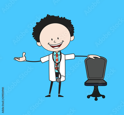 Cartoon Doctor - Standing with Chair and Gesturing with Hand
