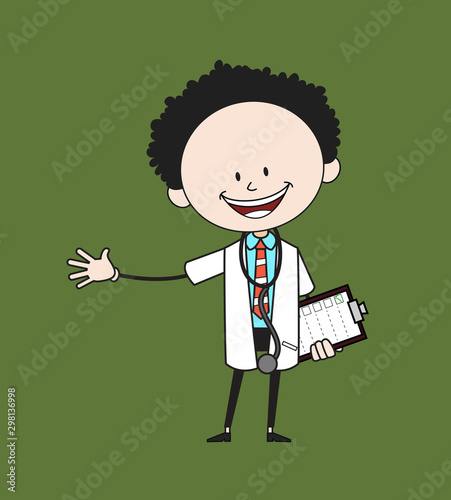 Cartoon Doctor - Holding a Checklist and Showing with Hand Gesture