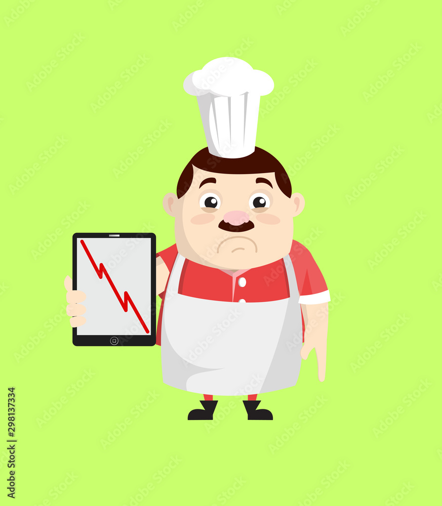 Cartoon Fat Funny Cook - Presenting Loss Graph on Tablet Cartoon Fat Funny Cook - Presenting Loss Graph on Tablet
