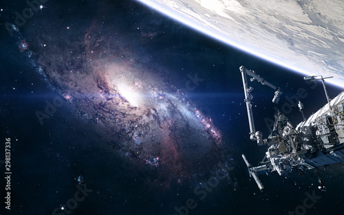 Fototapeta Naklejka Na Ścianę i Meble -  Messier 106 galaxy, planet, space station. Beautiful cosmic landscape. Science fiction. Elements of this image furnished by NASA