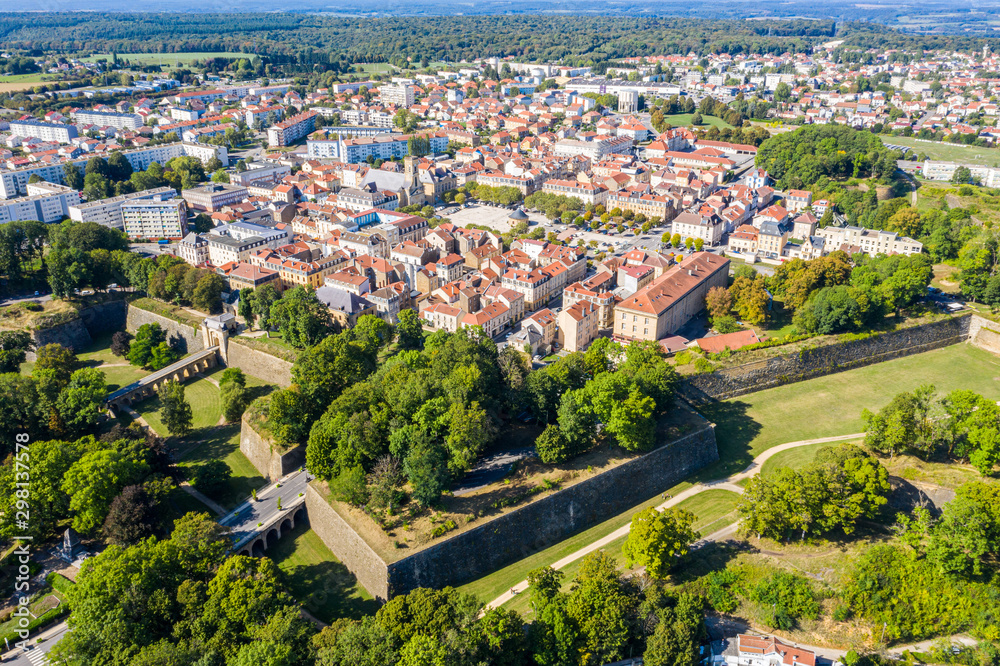 Start-shaped bastions and fortified walls of Ville Neuve (New town) of Longwy (Langich, Longkech) city in Lotharingia and Upper Lorraine, France. Aerial drone view of one of Fortifications of Vauban