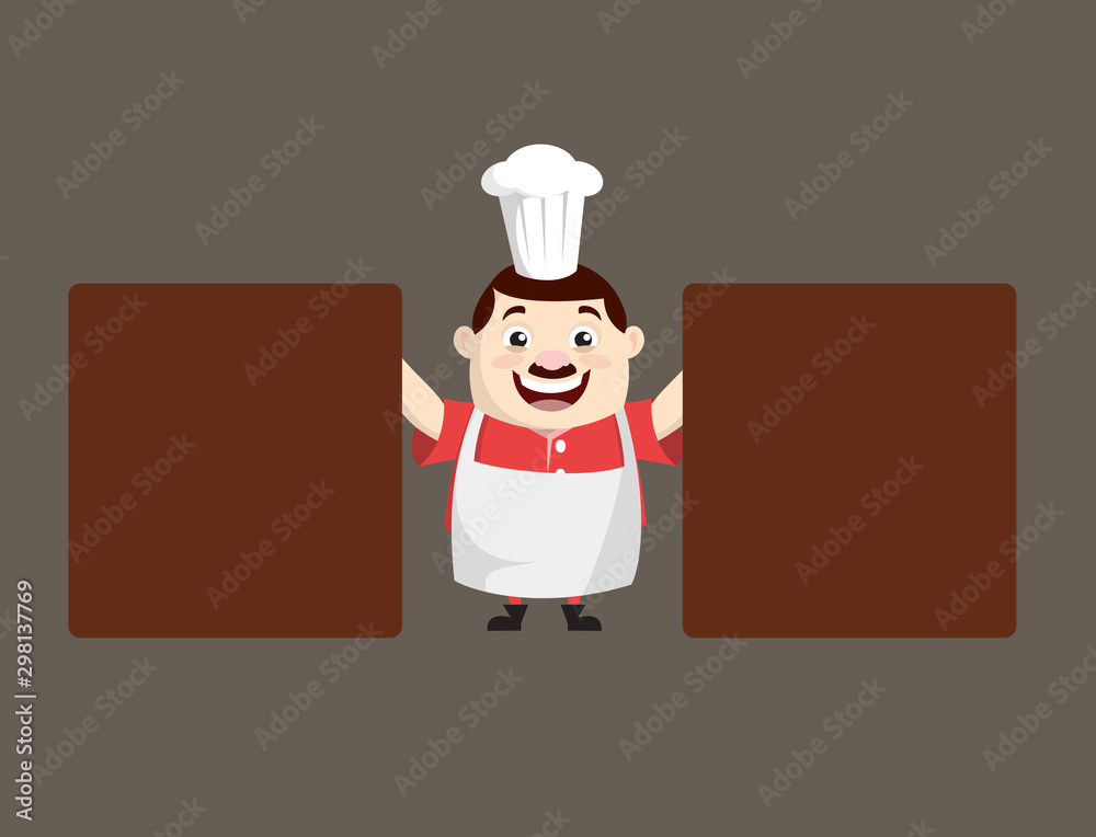 Cartoon Fat Funny Cook - Standing with Two Boards Cartoon Fat Funny Cook - Standing with Two Boards