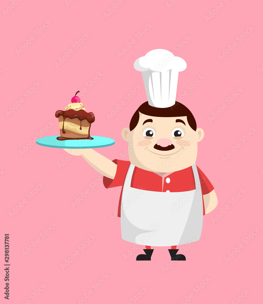 Cartoon Fat Funny Cook - Presenting a Cake Cartoon Fat Funny Cook - Presenting a Cake