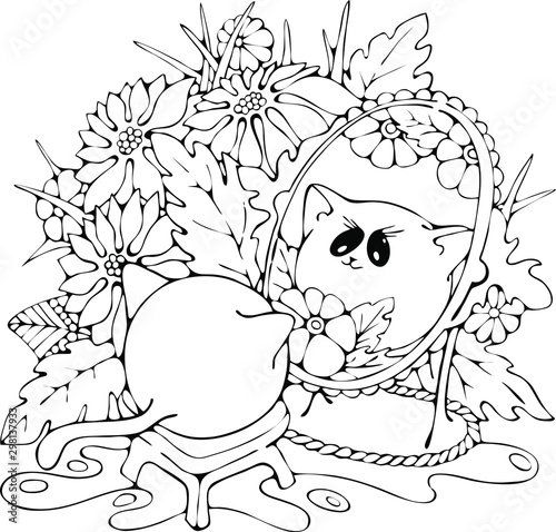 Pretty Cat sitting near the mirror, funny doodle digital illustration, coloring book page