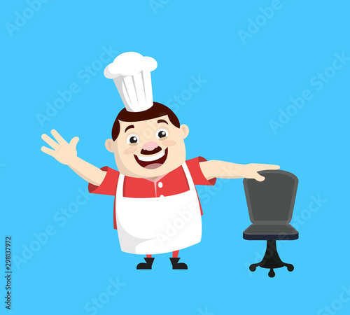 Cartoon Fat Funny Cook - Standing with Chair and Gesturing with Hand