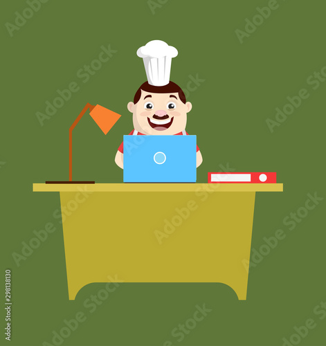 Cartoon Fat Funny Cook - Working on Laptop