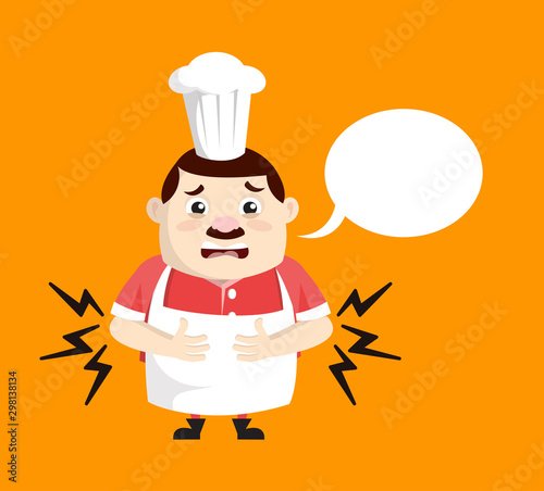 Cartoon Fat Funny Cook - Feeling Pain in Stomach with Speech Bubble
