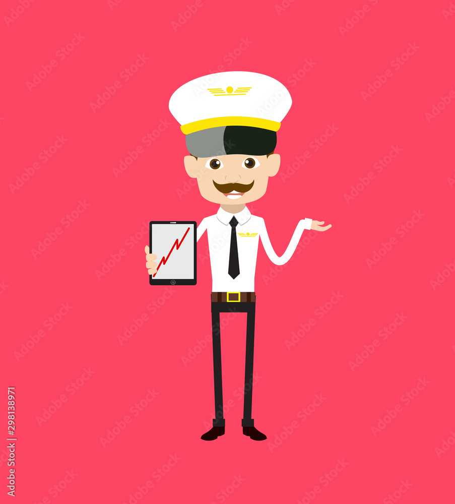 Cartoon Pilot Flight Attendant - Presenting Profit Growing Graph on Tablet Cartoon Pilot Flight Attendant - Presenting Profit Growing Graph on Tablet