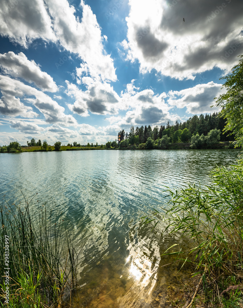 Fototapeta premium Clouds, reflection, lake, sunny summer