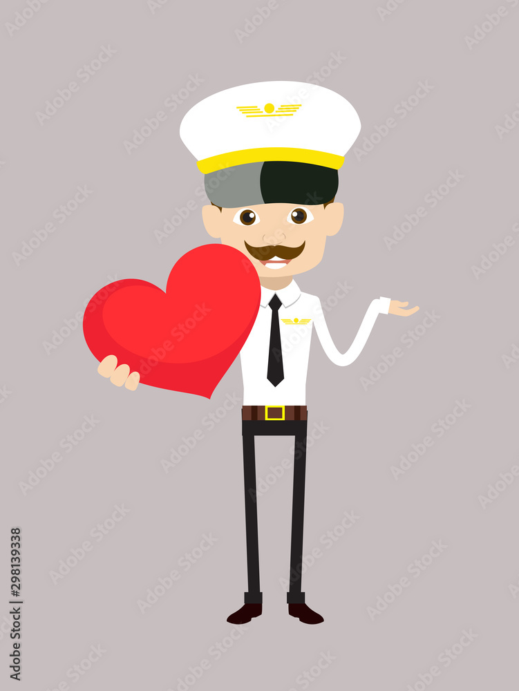 Cartoon Pilot Flight Attendant - Holding a Heart and Showing with Hand