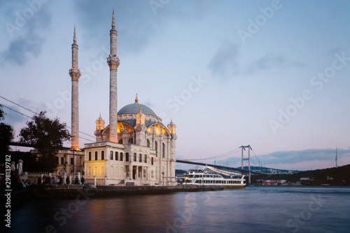 Old historical Ortakoy Mosque with long exposure and behind there is bosporus 