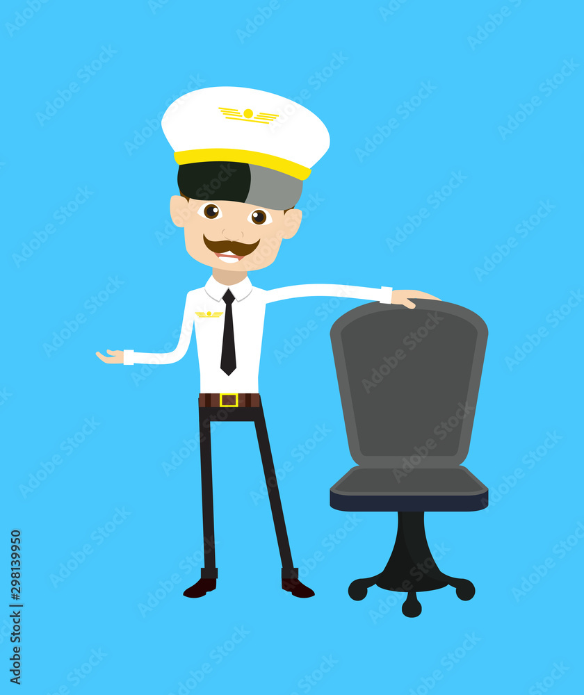 Cartoon Pilot Flight Attendant - Standing with Chair and Gesturing with Hand