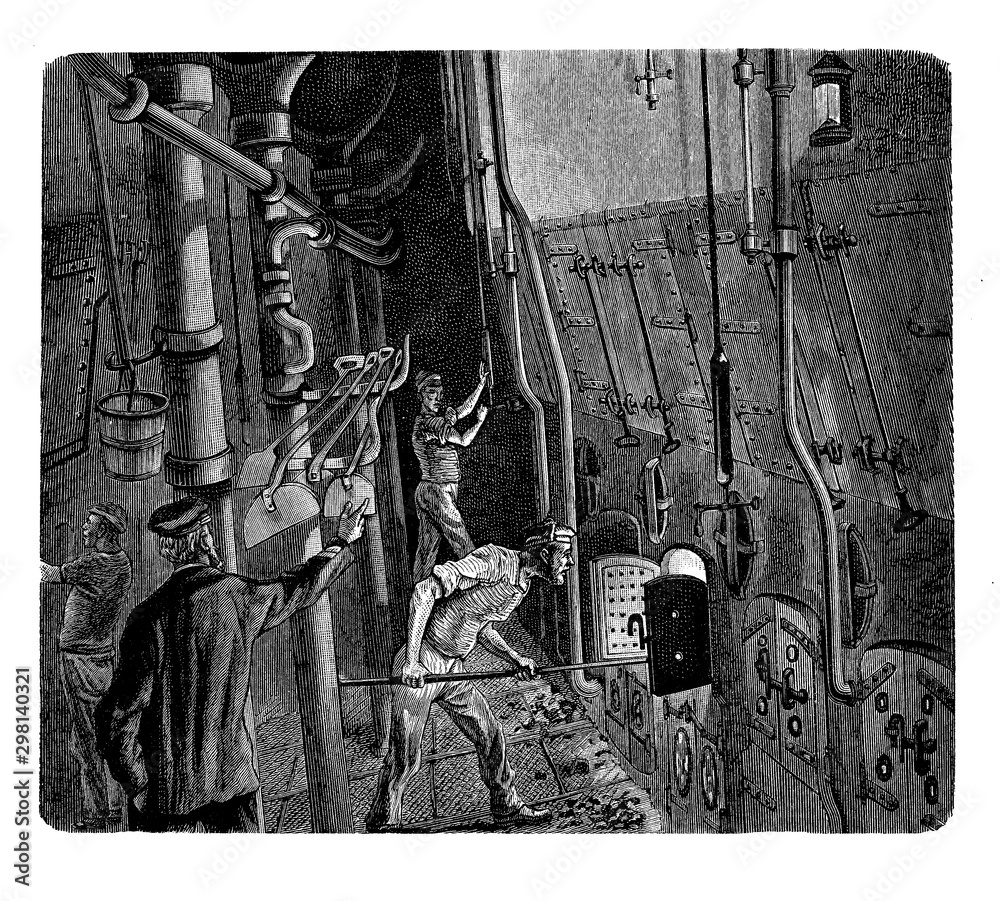 Sailors working in the ship boiler room the boiling water produces