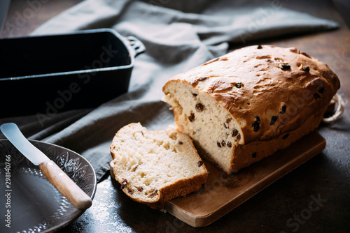 Food: Homemade sweet loaf of raisin bread photo