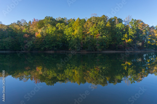 A scenic autumn view of foliage reflecting on a lake.