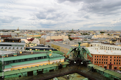 Rooftop view of the city of Saint Petersburg in Russia seen from the top of St. Isaac cathedral, chaotic urbanscape with some emerging monuments