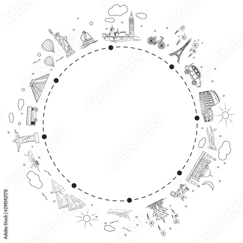 Travel black and white sketch. Abstraction vector illustration. Attractions and trip transport for travel agency.