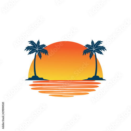 orange yellow sunset between two coconut tree island with shadow on the sea vector logo design