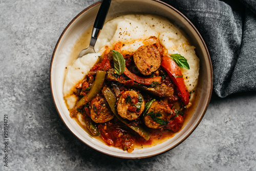 Sausage and Peppers over pureed cauliflower photo