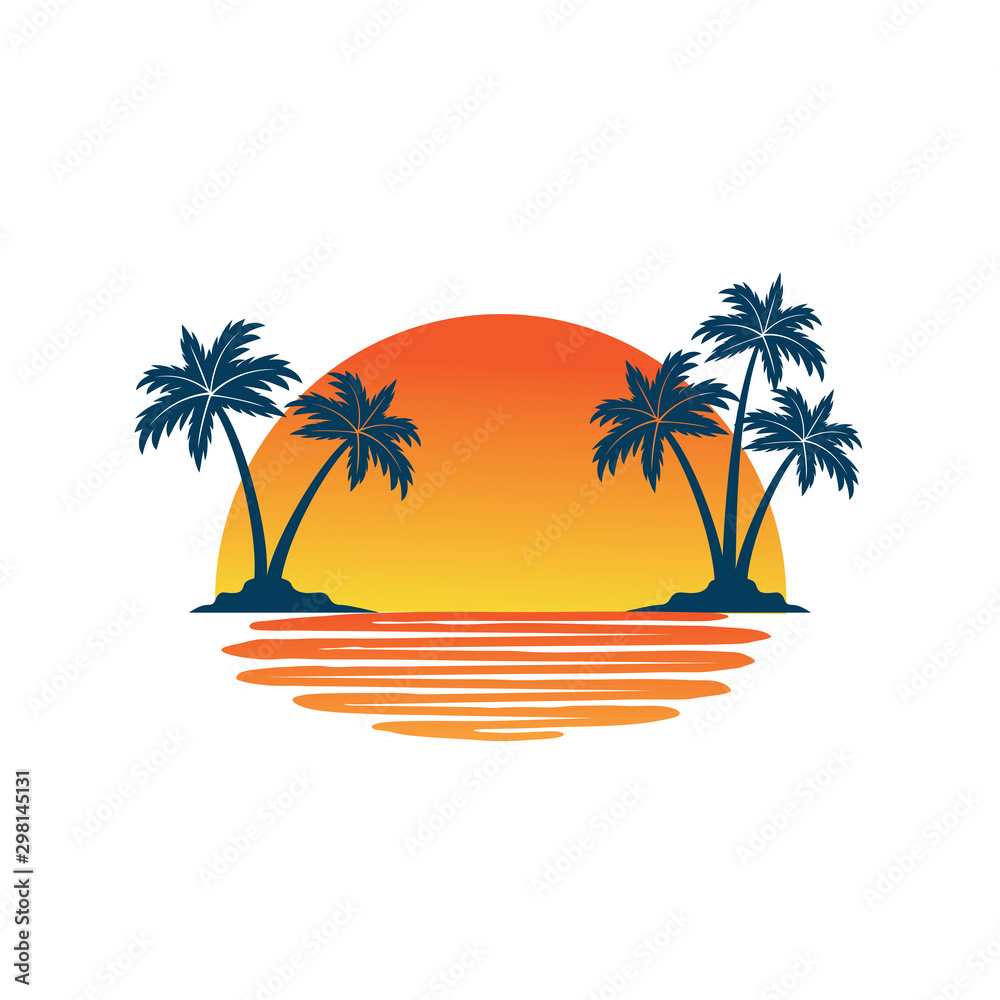 orange yellow sunset between two coconut tree island with shadow on the sea vector logo design